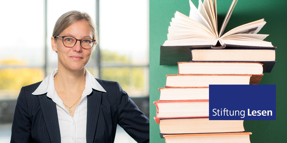 Porträtfoto von Nele McElvany neben dem Logo der Stiftung Lesen und einem Bücherstapel als Hintergrund