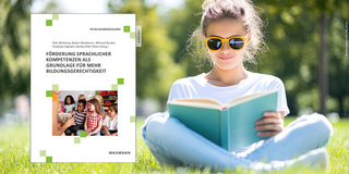 Cover des 7. Bildungsdialog-Herausgeberbandes neben einer jungen, sitzenden Frau auf einer Wiese beim Lesen