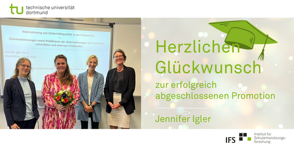 Gruppenfoto mit Jennifer Igler im Zentrum vor der Präsentationsfolie ihrer Disputation